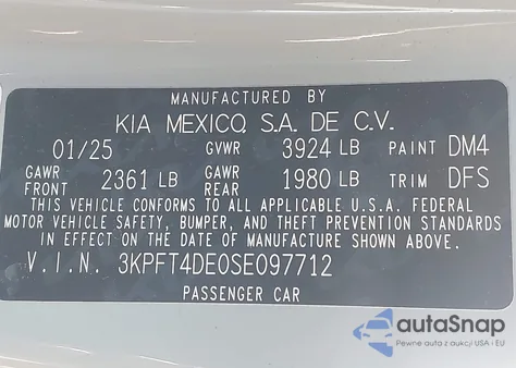 2025 Kia K4 Lxs z USA, uszkodzony, nr VIN 3KPFT4DE0SE097712